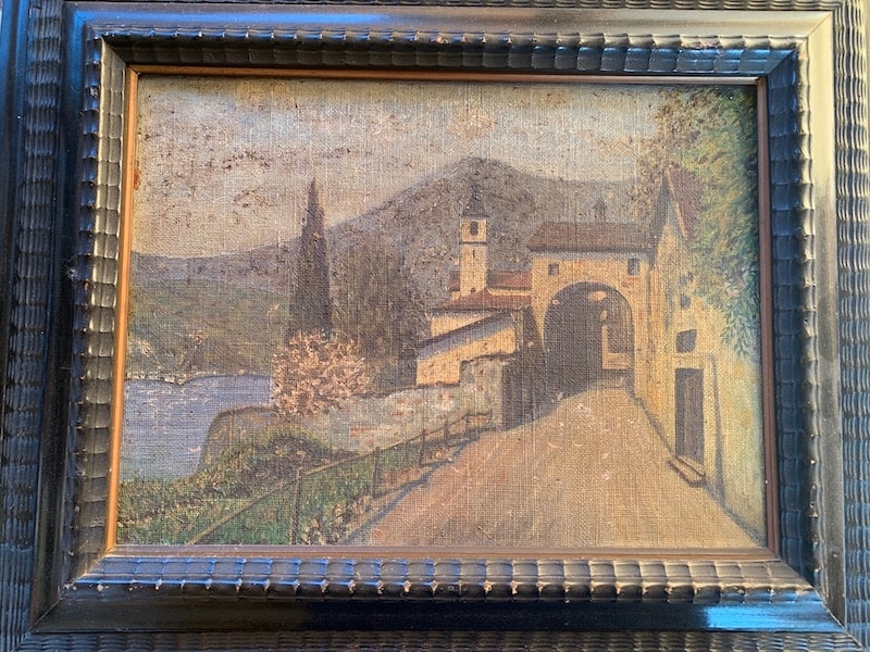 Small Oil Painting - Lakeside Landscape with Village and Bell Tower